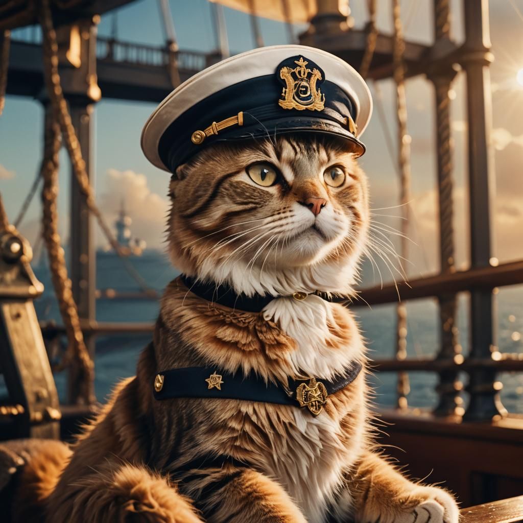 Titanic Cat Captain in Nostalgic Oil Painting Style