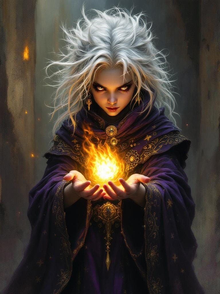 Child Sorceress Conjuring Fire in Digital Oil Painting