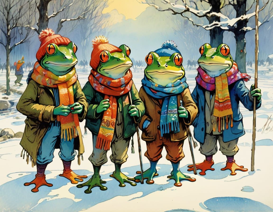Frogs in Vibrant Scarves Enjoy Winter Camping