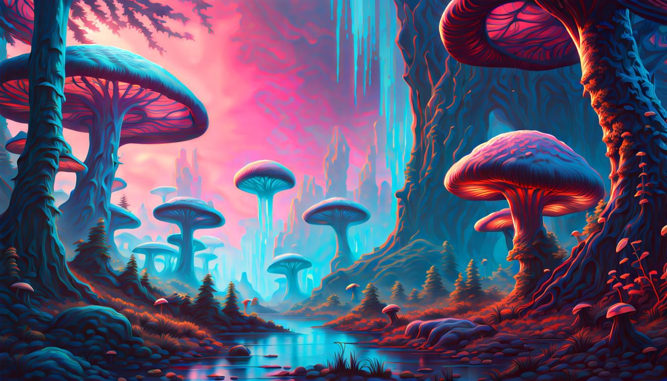 Glowing Alien Planet Concept Art in Cold Neon Colors