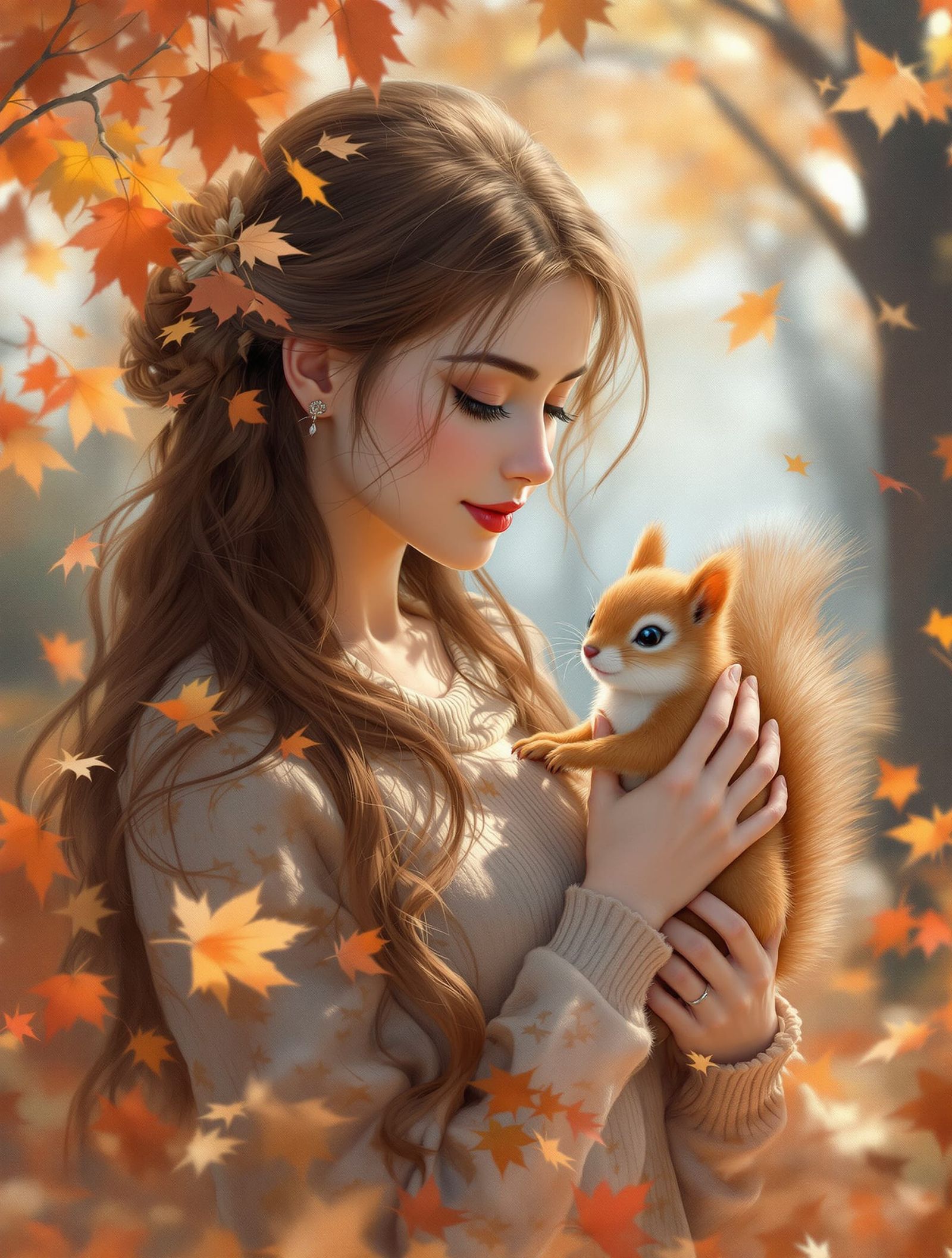 Whimsical Autumn Scene with Woman and Squirrel