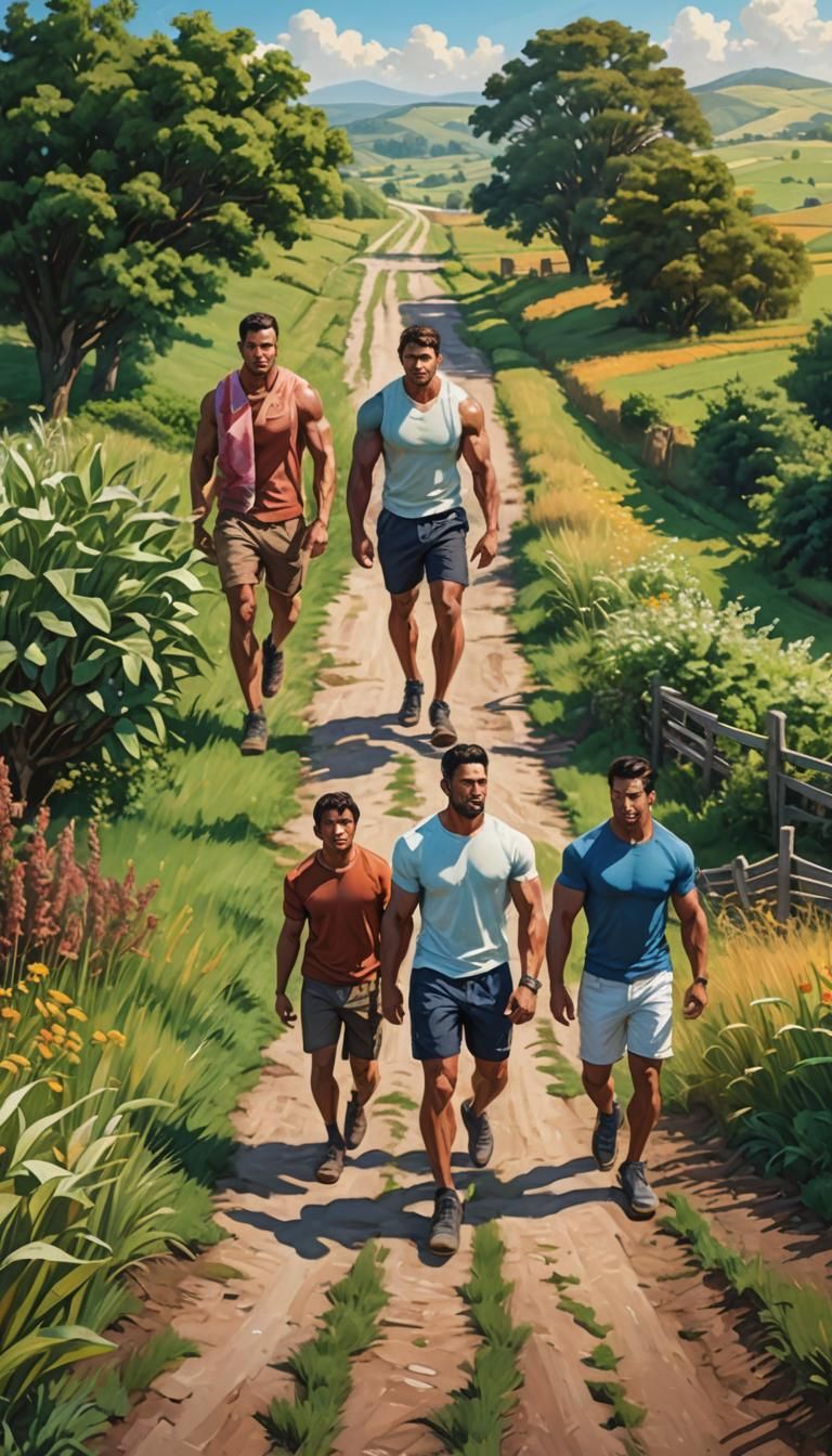 Muscular Men Stroll on Rural Farm in Hyperrealism