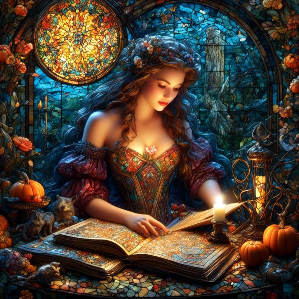Stunning Witch in Study as Stained Glass Mosaic