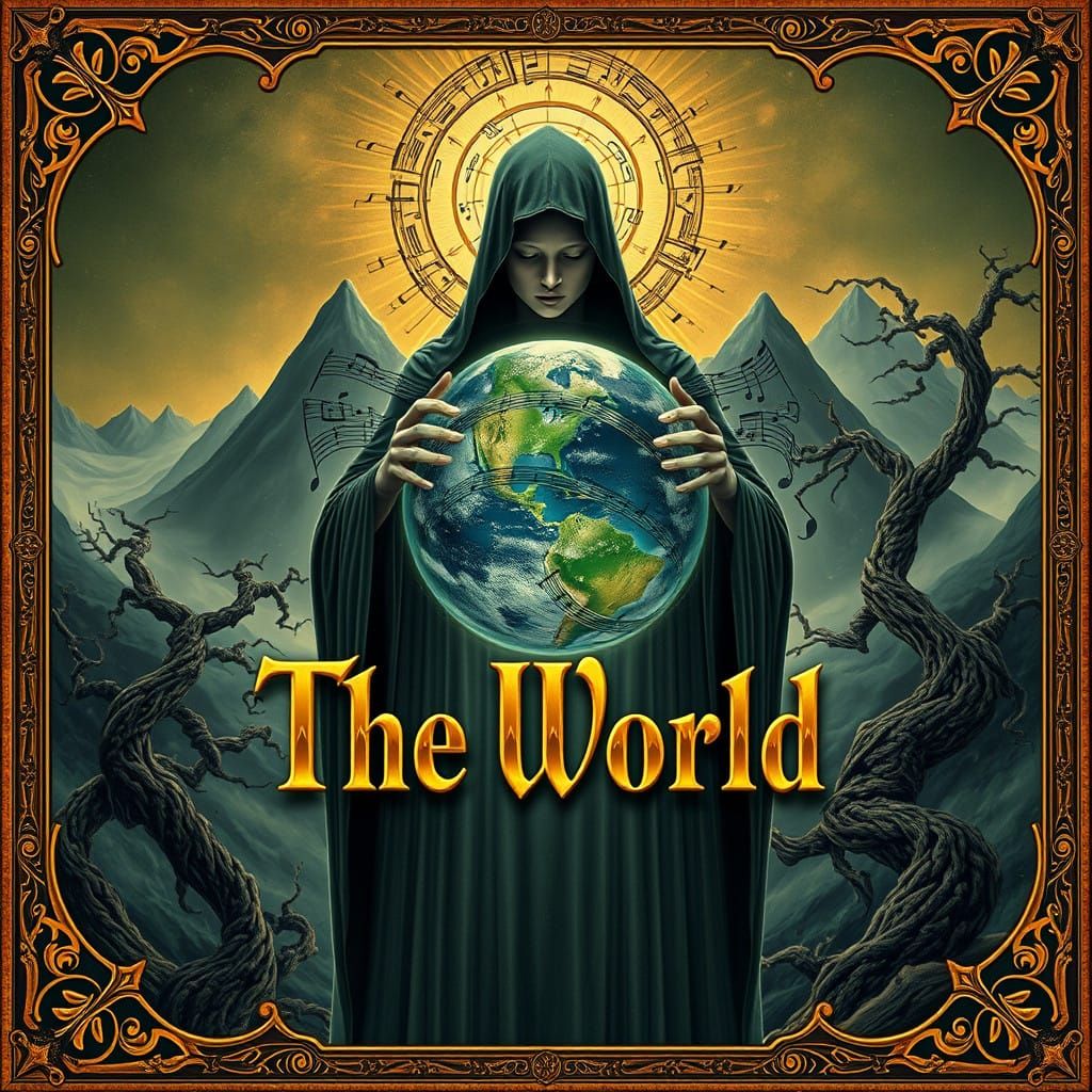 Dreamlike Figure Cradles Musical Globe in Heavy Metal Symbol...