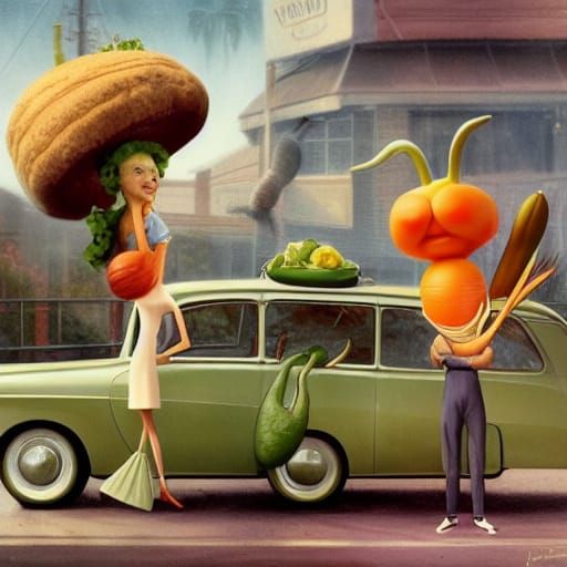 1 9 5 0 s retro future onion man and carrot lady and avocado dog by a juicer looking car, by jean - baptiste monge. mute...