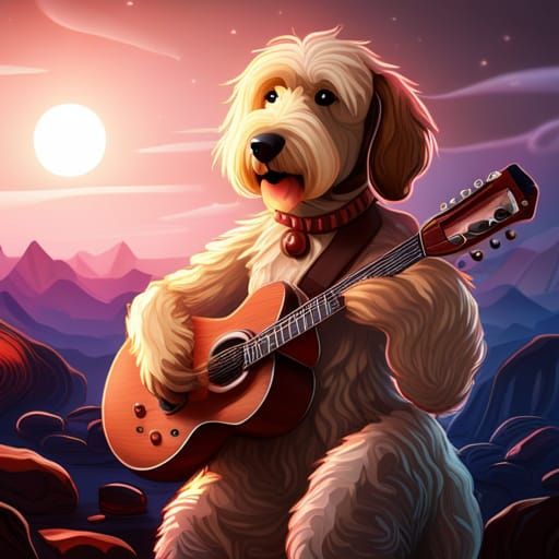 Goldendoodle Plays Guitar: Detailed Fantasy Art