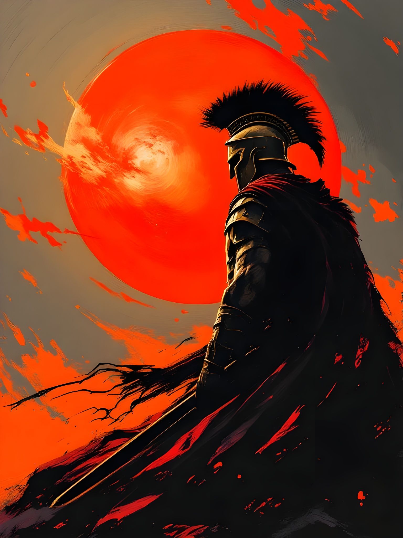 Spartan Warrior in Bronze Armor at Sunset