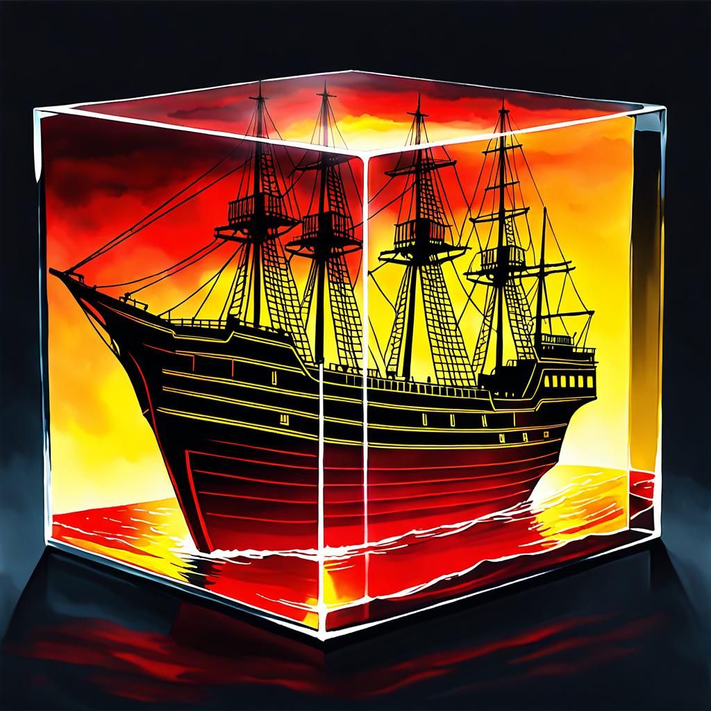 Upside-Down Skeleton Ship in Glass Block