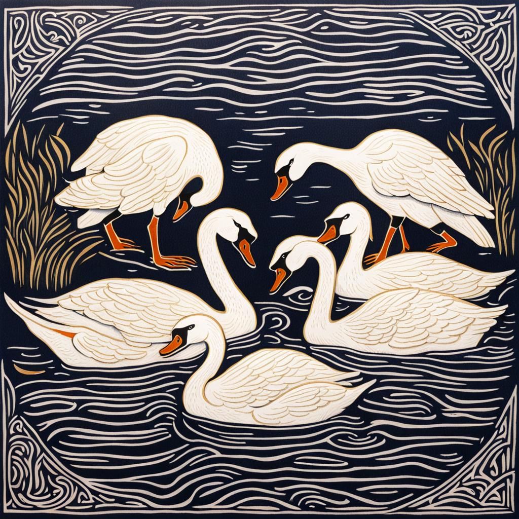 Elegant Swan Family Linocut Print in Gouache Style
