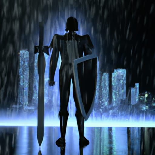 Knight in Rainy Future Cityscape