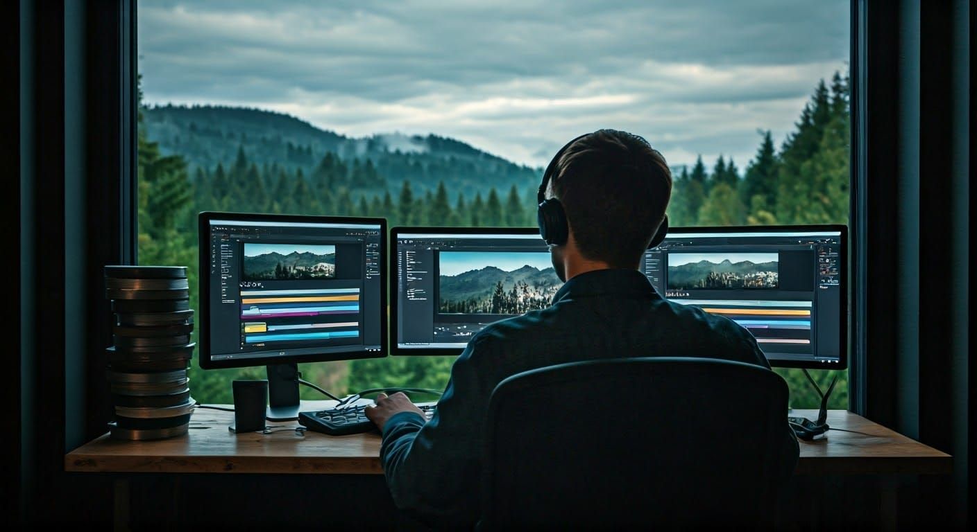 Video Editor in Dimly Lit Room with Hill View