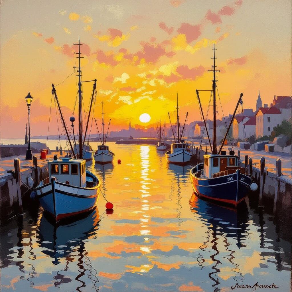 Seaside Harbor at Sunrise in Impressionistic Style