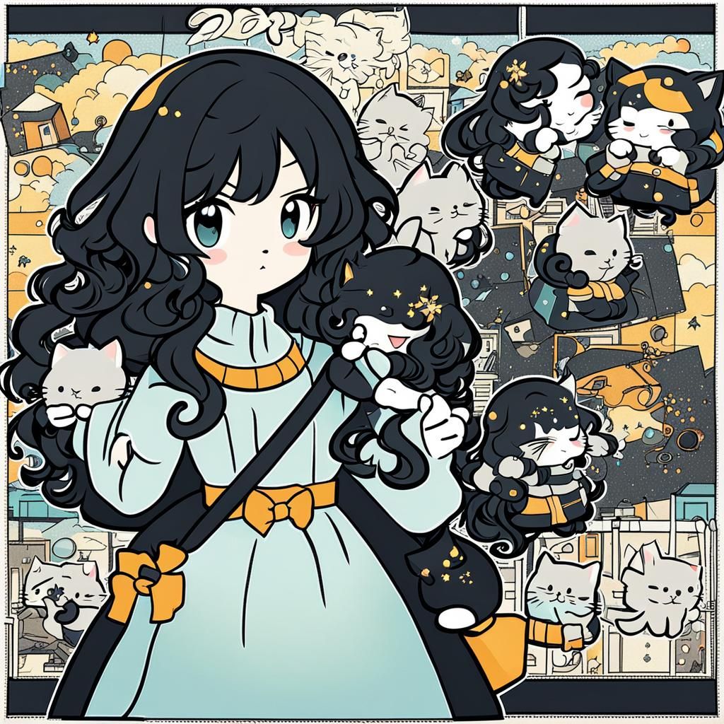 Cute anime girl with glossy dark black long curly hair , wea...