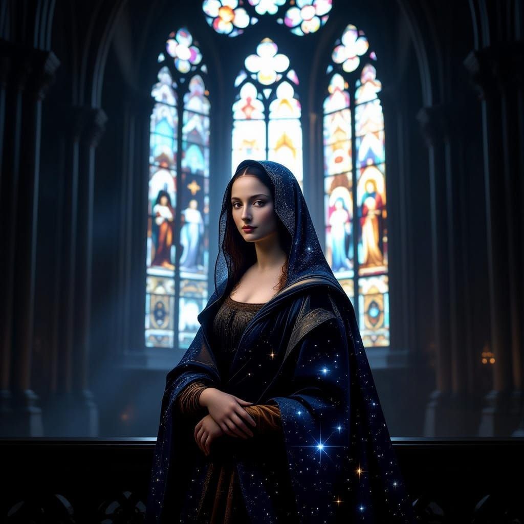 Mona Lisa Figure in Gothic Cathedral with Cosmic Cloak