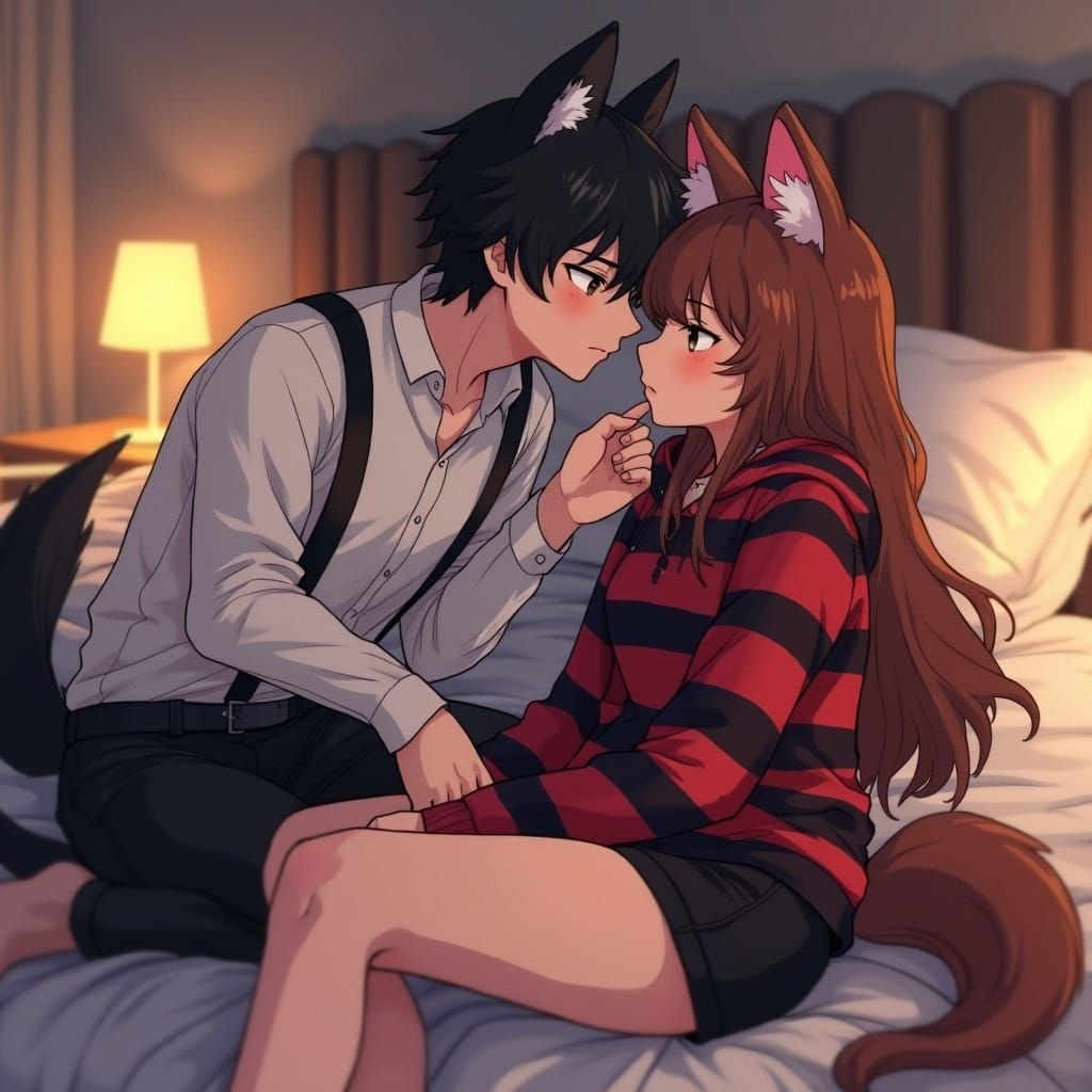 Wolf-Eared Couple in Intimate Anime Scene