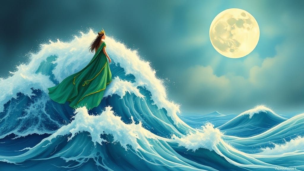 Serenely Majestic Queen of the South Sea in Green Regalia on...