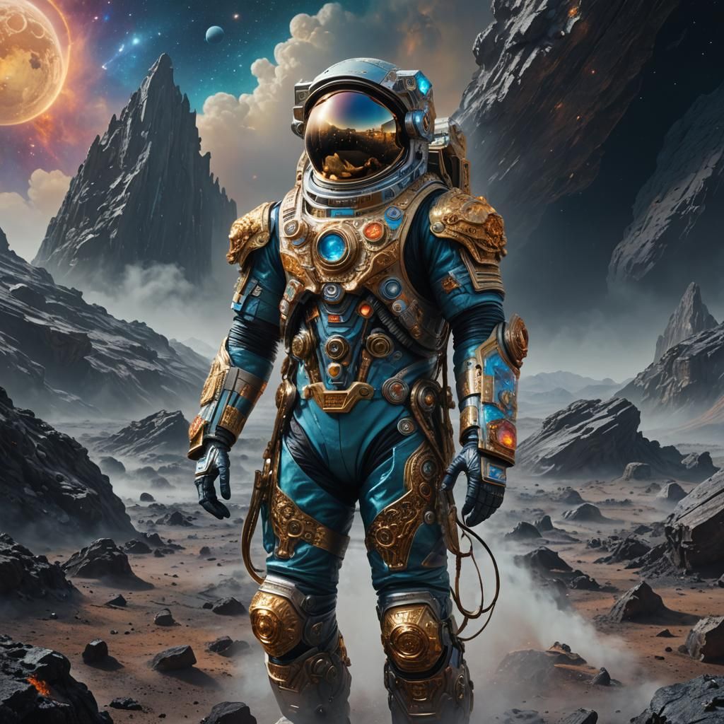 Cosmic Astronaut on Asteroid in Painterly Style