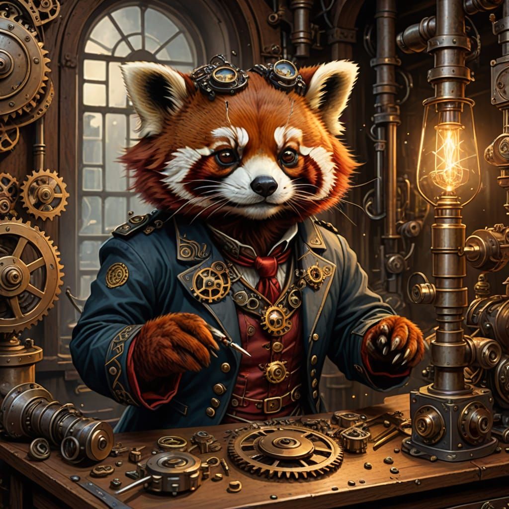 Steampunk Red Panda Repairs Smoking Automaton Bird