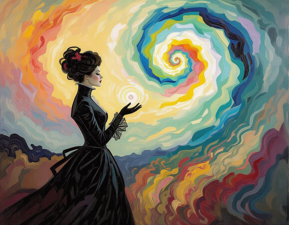 Victorian Figure Summons Ethereal Entity: Neo-Impressionism