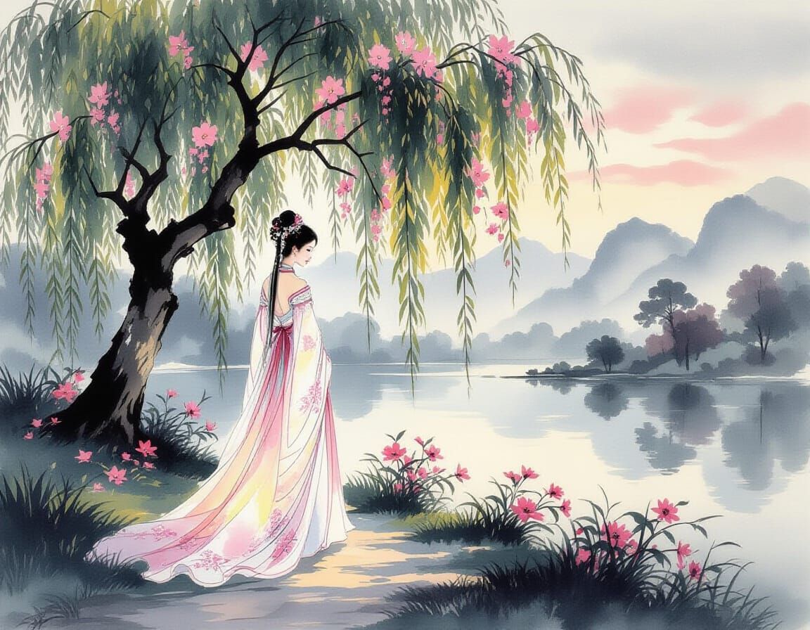 Woman in Gown by Lake, Chinese Ink Painting