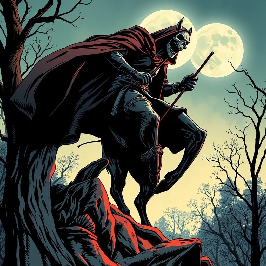 Headless Horseman in Sleepy Hollow, a Dark Comic Book Art Pi...