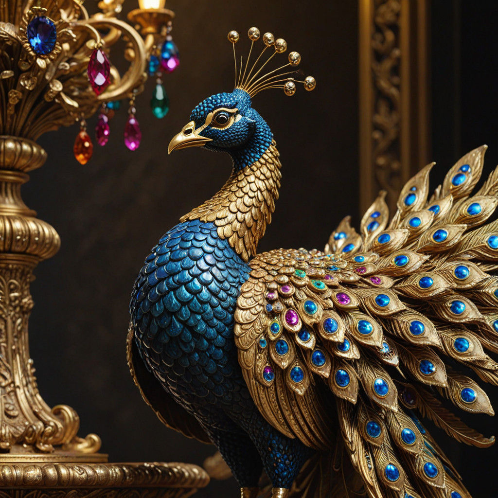 Luxuriant Golden Peacock in Ornate Baroque Sculpture