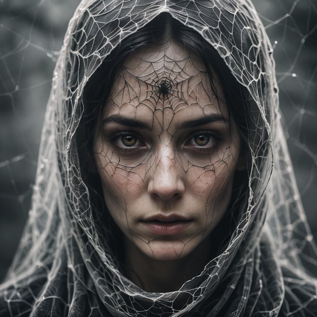 Mysterious Woman in Spiderweb Veil: Horror Photography