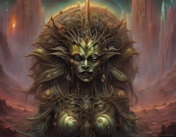 Cosmic Horror Alien Idol in Aurora Lights