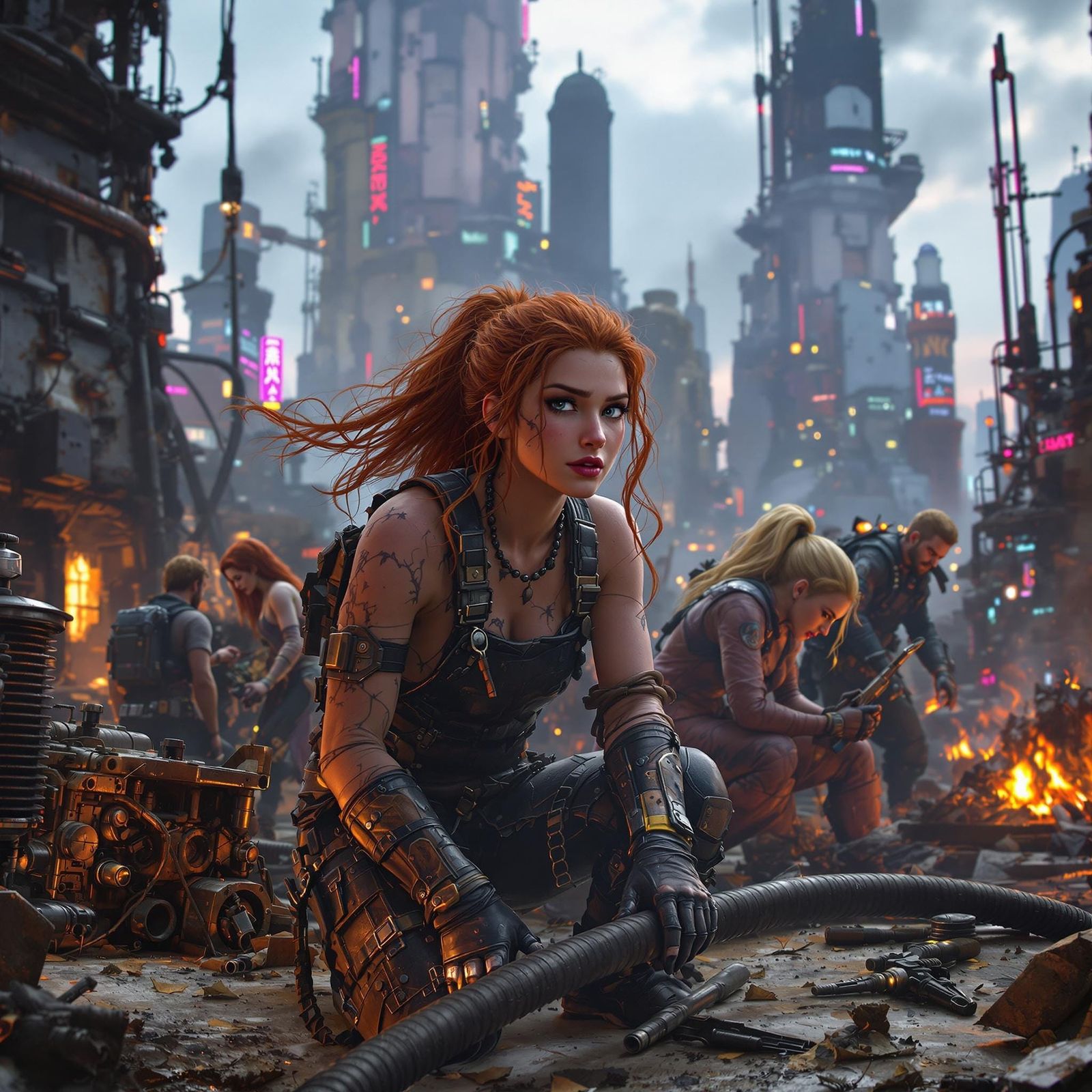 Cyberpunk Heroines Reinforce a Rusted Vehicle in a Post-Apoc...