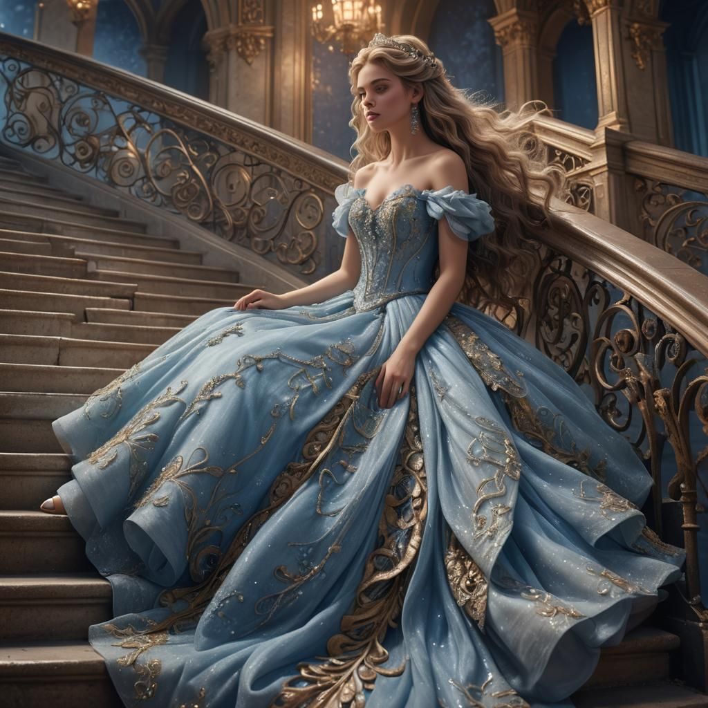 Girl in Cinderella Gown on Ornate Stairs