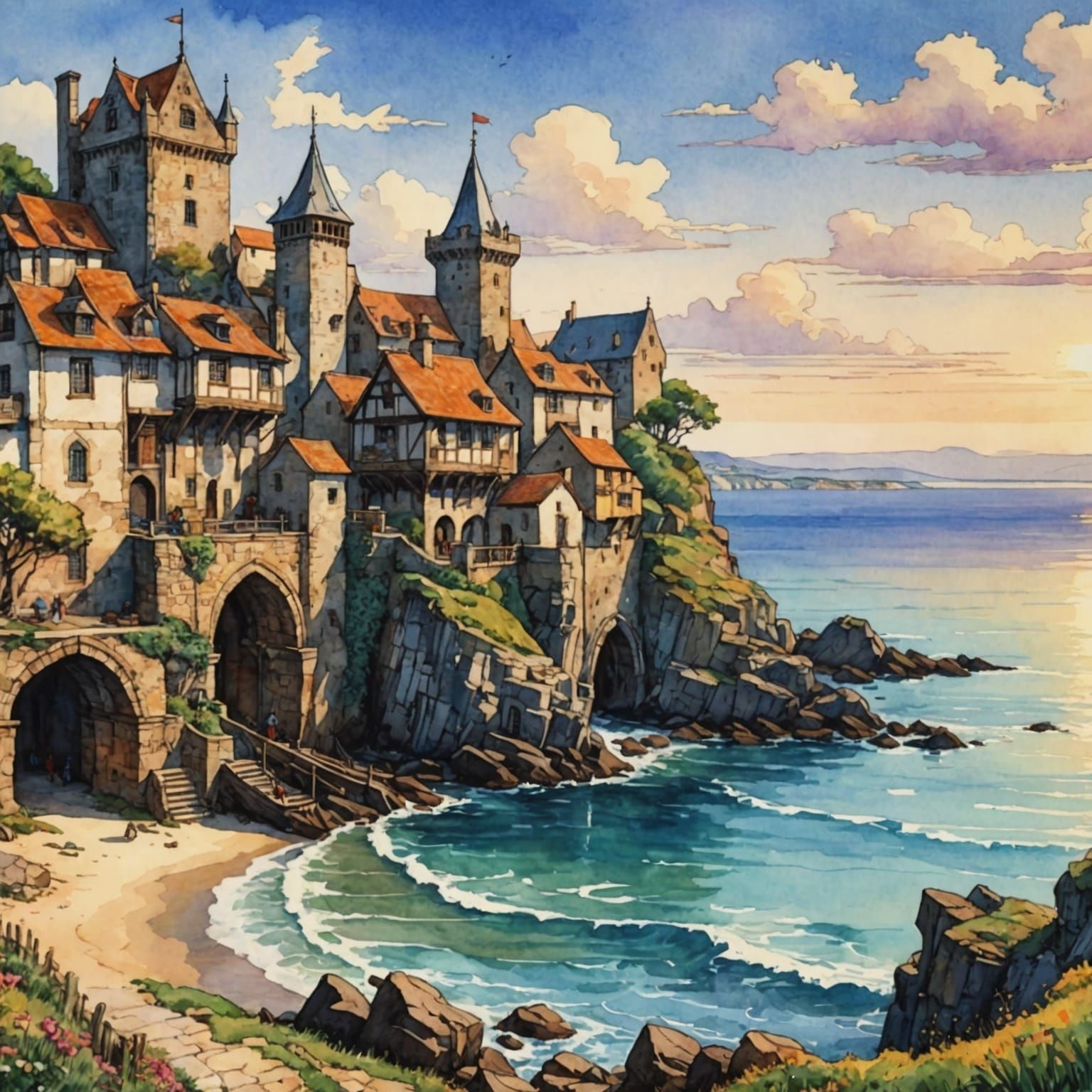 Medieval Seashore Landscape in Watercolor Style