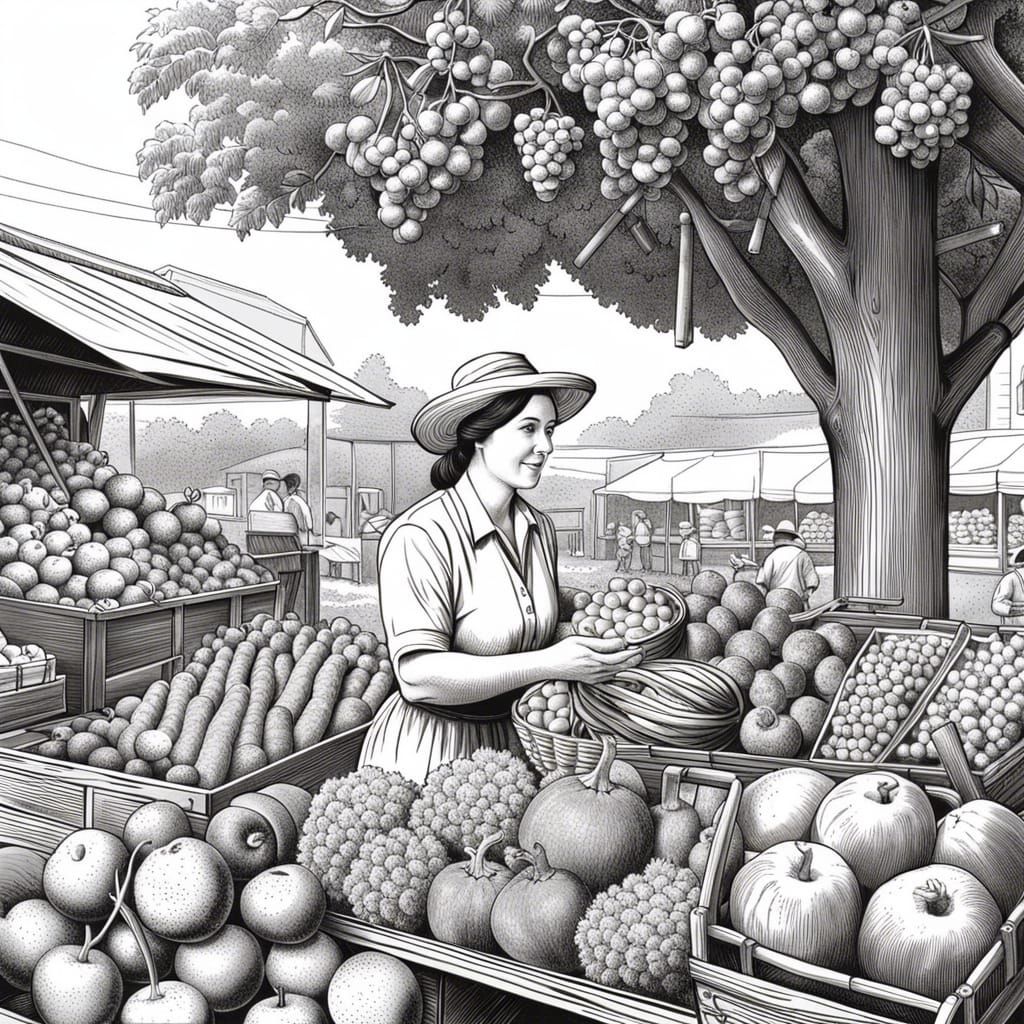 Detailed Line Drawing of Market Vendor