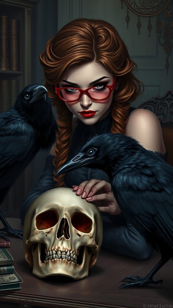 Victorian Beauty with Raven and Skull: Mystical Portrait