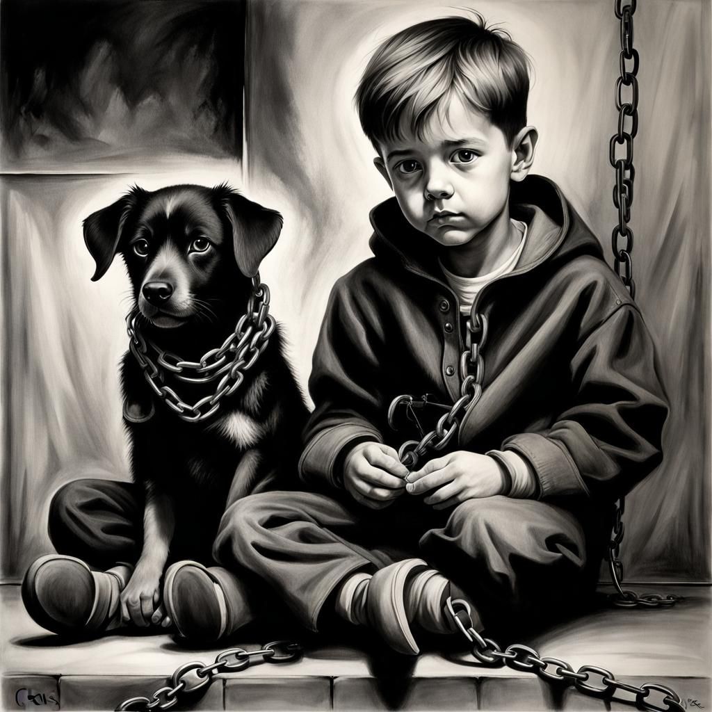 Sad Boy with Dog in Chains: Charcoal Drawing