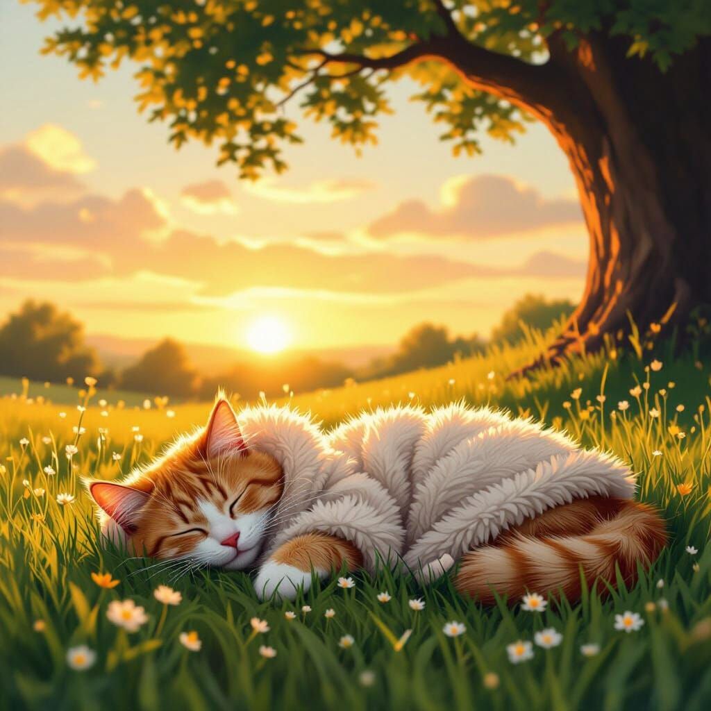 Photorealistic Orange Cat Sleeps Under Sunset Tree