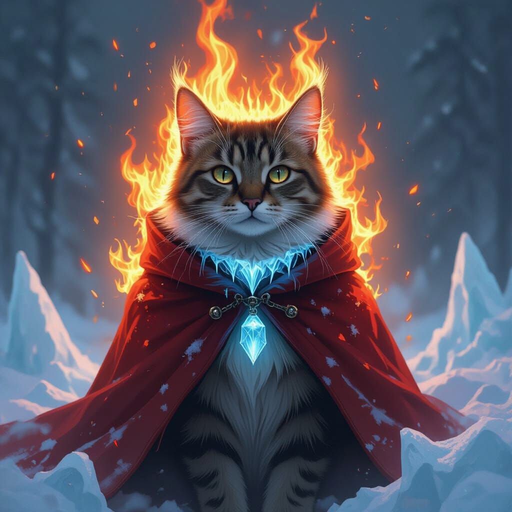 Mystical Cat of Fire and Ice in Vibrant Realism