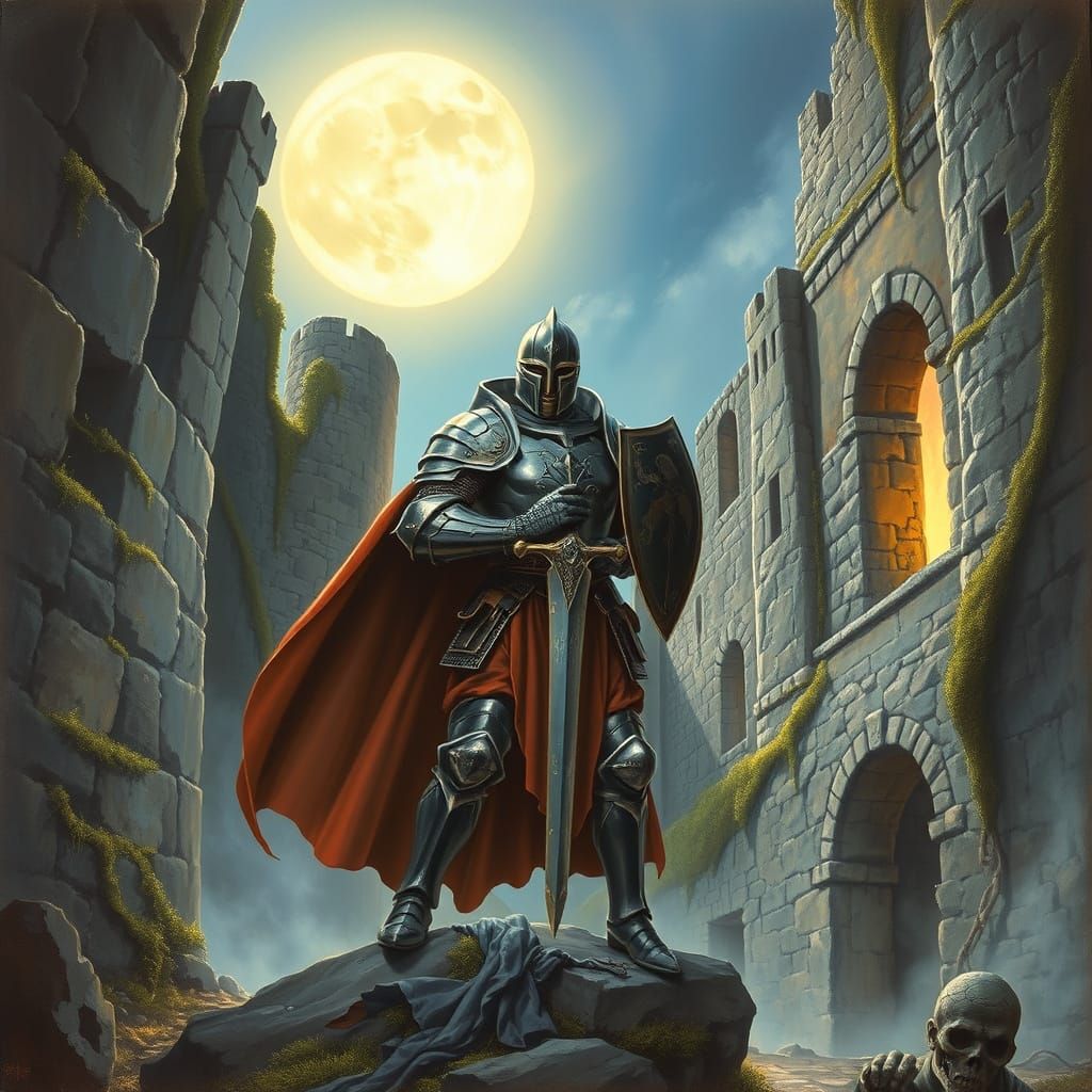 Heroic Knight in Moonlit Castle Ruin