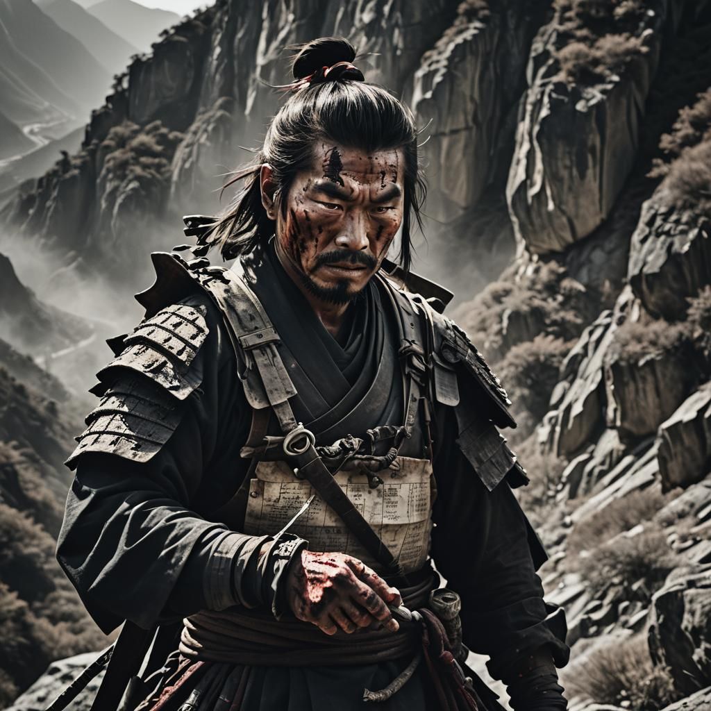 Samurai on Mountain with Scarred Hands in Cinematic Style