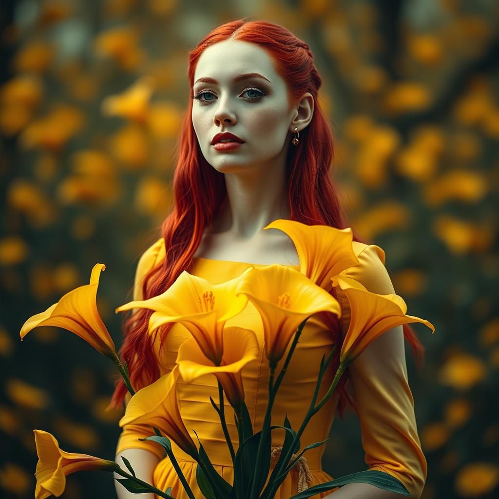 Red-Haired Woman with Lilies in Fairytale Style