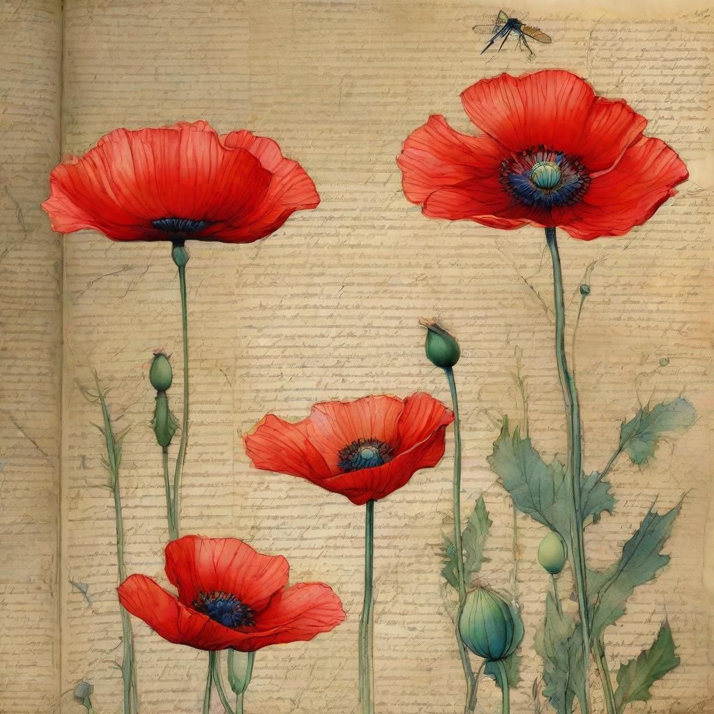 Giant Poppy with Dragonflies in Neurographic Style