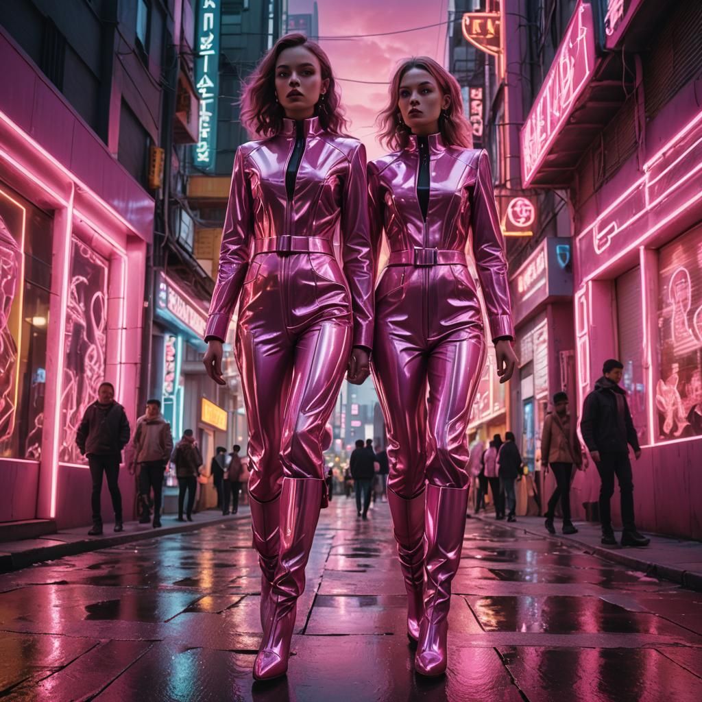 Pink Latex Women in Retro-Futuristic Cityscape