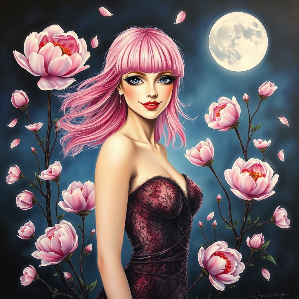 Pink Haired Woman in Peony Petals, Watercolor Style