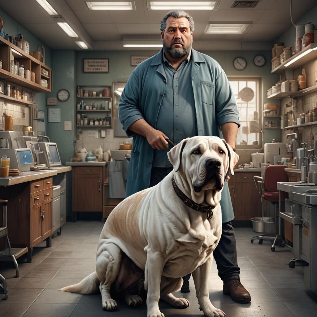 Chubby Man and Dog in Veterinary Clinic