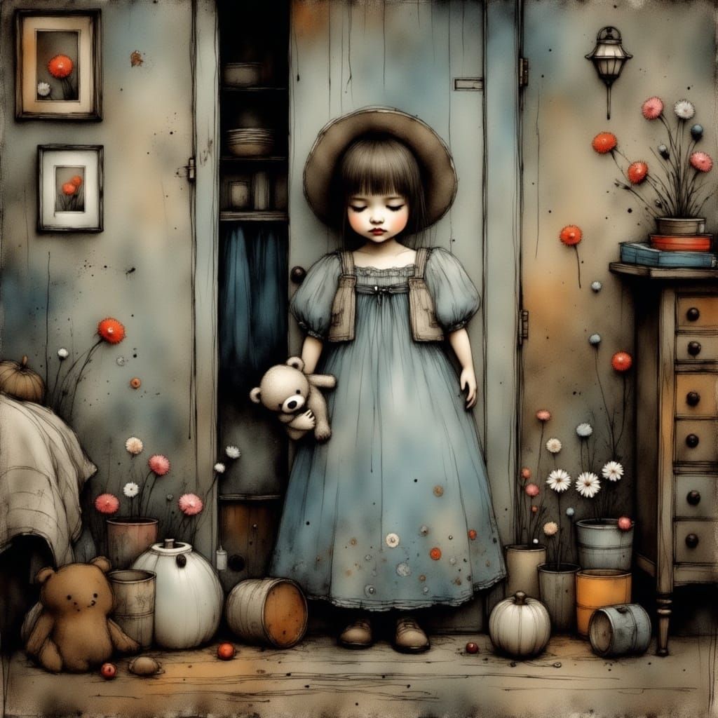 Sleepy Girl in Doorway with Teddy Bear