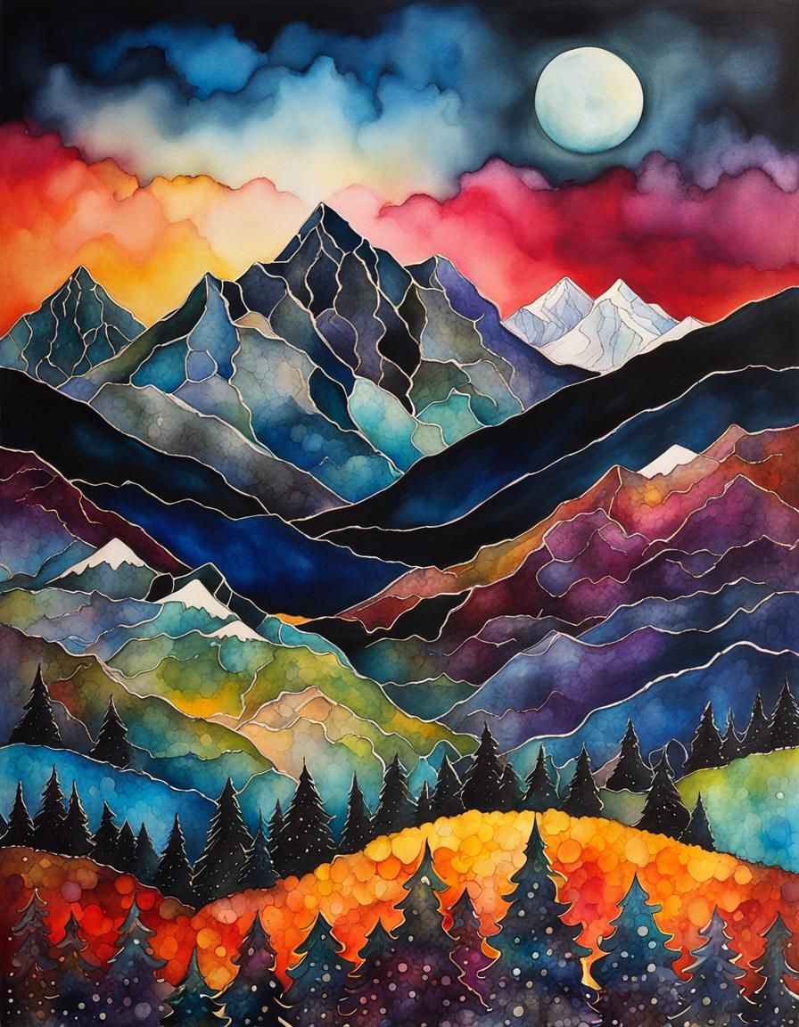Surreal Snowy Mountain Dreamscape in Watercolor