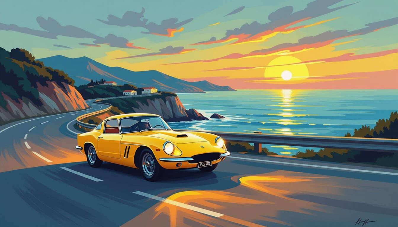 Lotus Elite Races Along Coast: Expressionist Impasto Paintin...