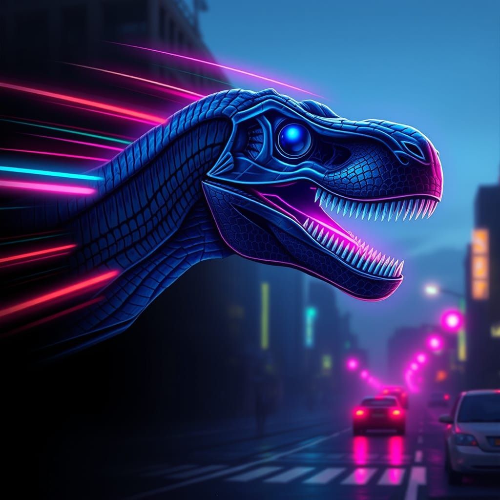 Sleek, High-Tech T-Rex Head in Neon-Lit Motion