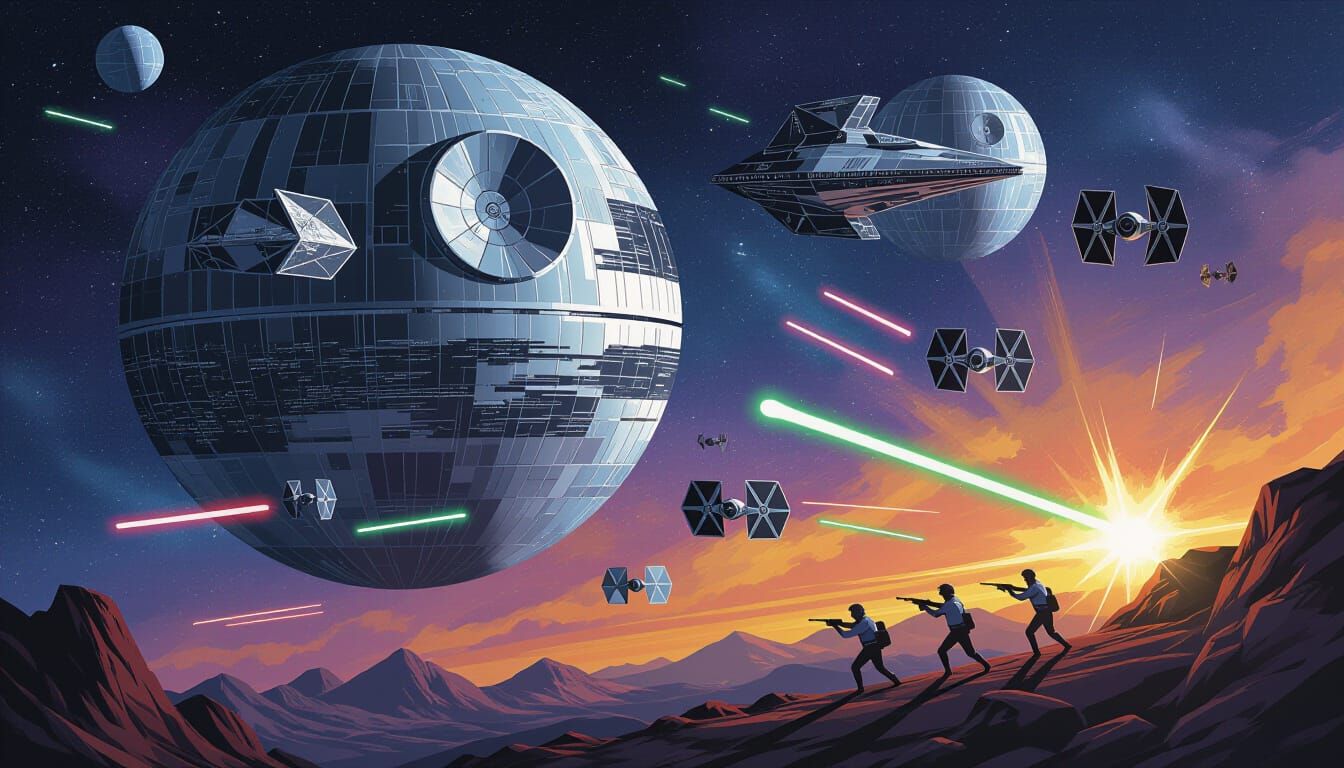 Death Star Battle: Holographic Cosmic Illustration