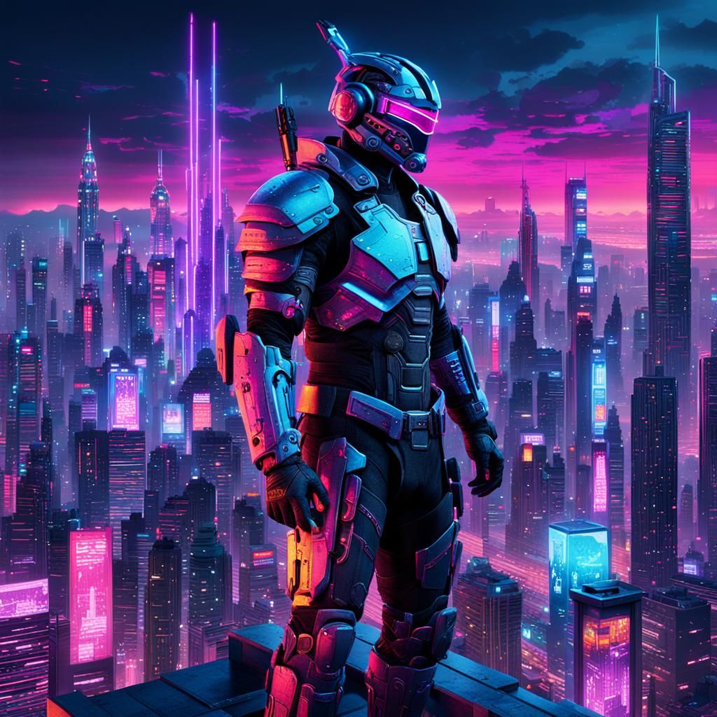 Cyberpunk Warrior Gazing Over Neon Metropolis