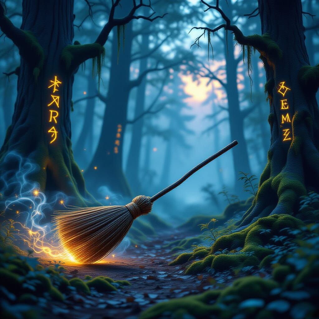 Enchanted Broom Rides Autonomously Through Mystical Forest